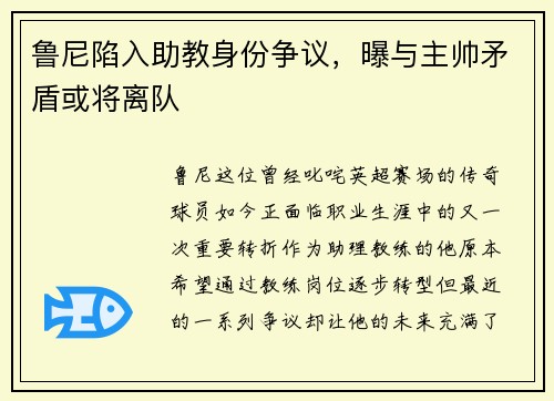 鲁尼陷入助教身份争议，曝与主帅矛盾或将离队