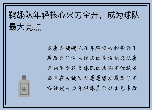 鹈鹕队年轻核心火力全开,成为球队最大亮点